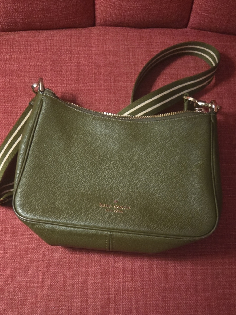 kate spade Olive Green Leather Crossbody with Striped Strap